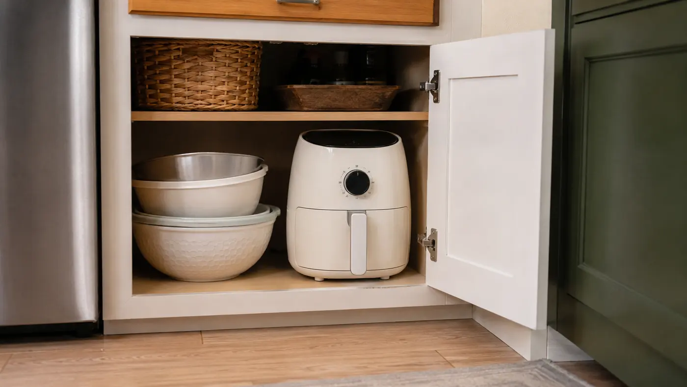 Open bottom kitchen cabinet with a compact air fryer stored upright next to mixing bowls