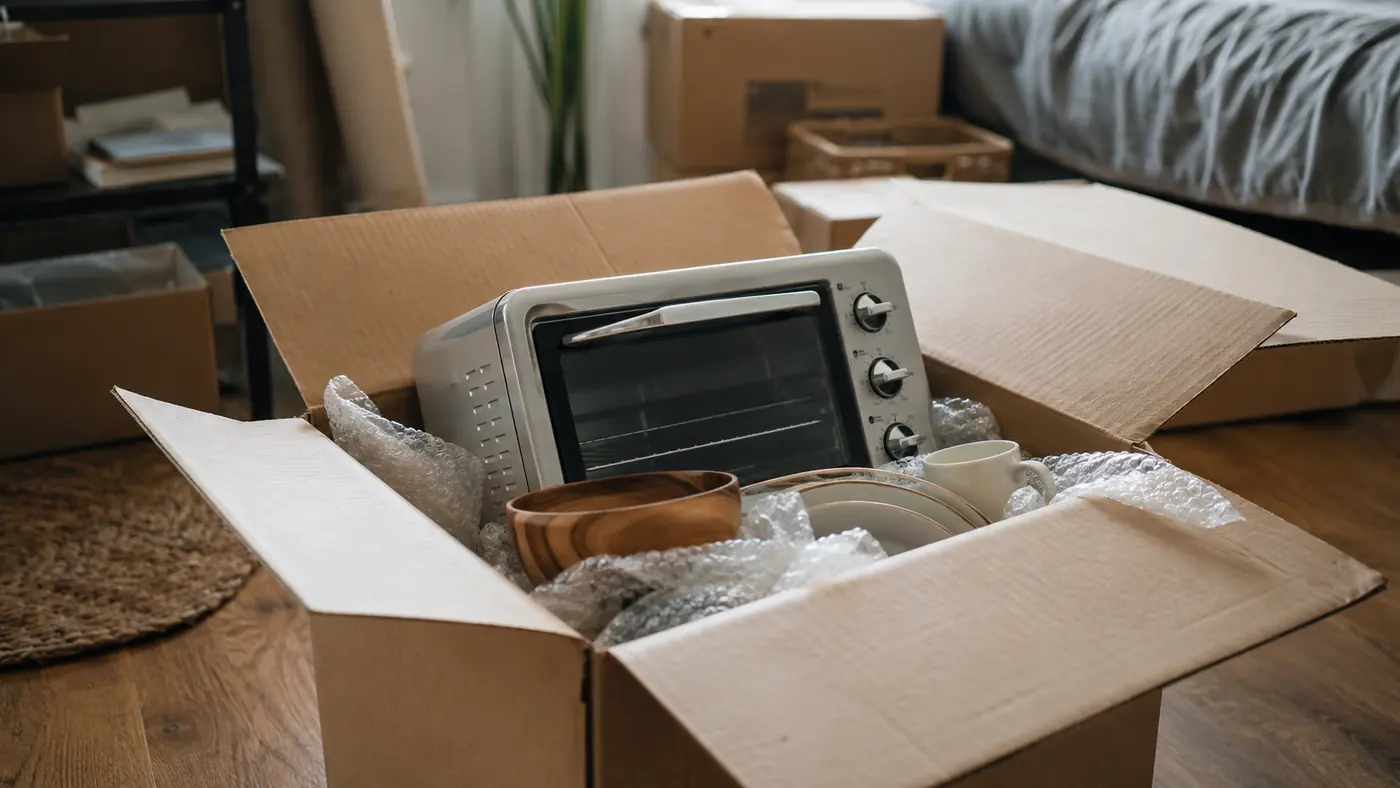Small toaster oven packed in a moving box next to kitchen items, ready for an apartment move