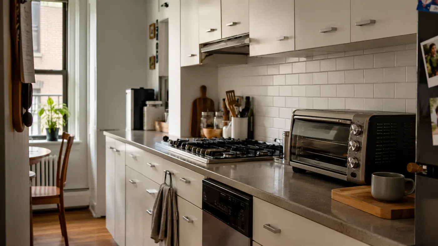 Narrow apartment kitchen with no built-in oven, a small toaster oven sitting on the counter as the main cooking appliance