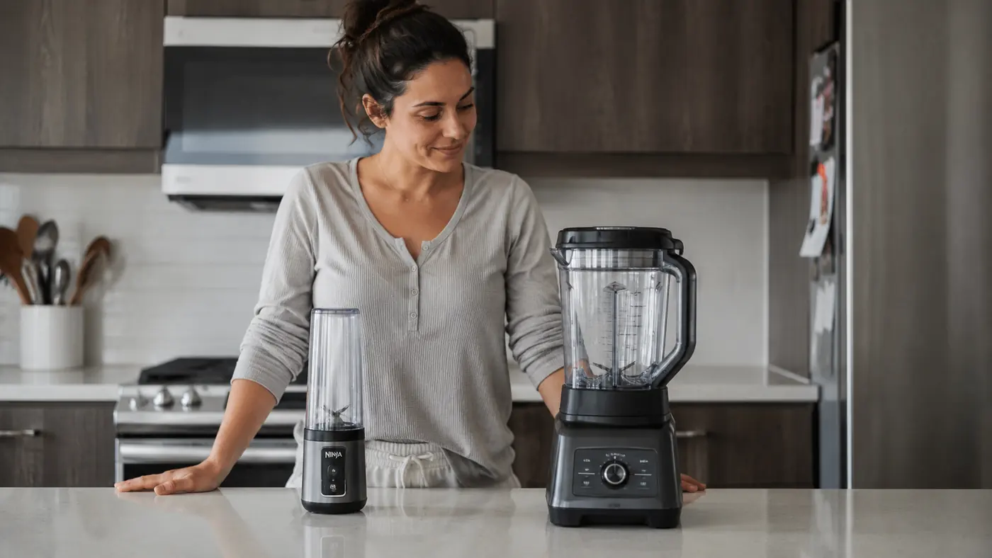 Side-by-side size comparison of a personal blender cup next to a bulky full-size blender pitcher