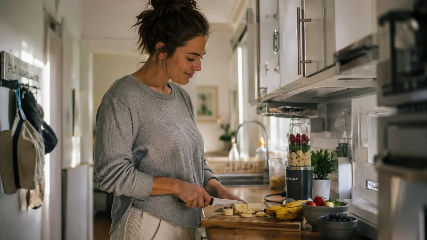 Small silver Magic Bullet blender sitting on a narrow apartment kitchen counter next to a bowl of fruit