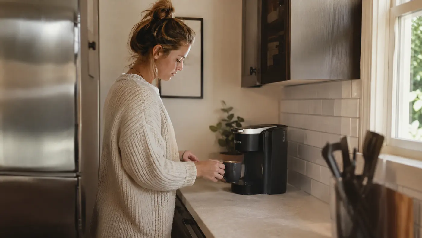 Small Keurig K-Mini Mate coffee maker sitting on a narrow apartment kitchen counter beside a single mug