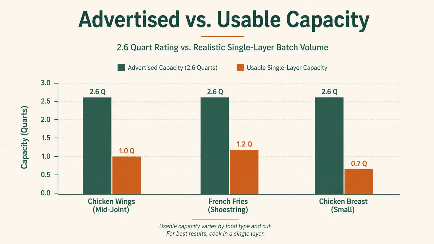 Bar chart comparing the advertised 2.6 quart capacity to what actually fits in a single loaded batch