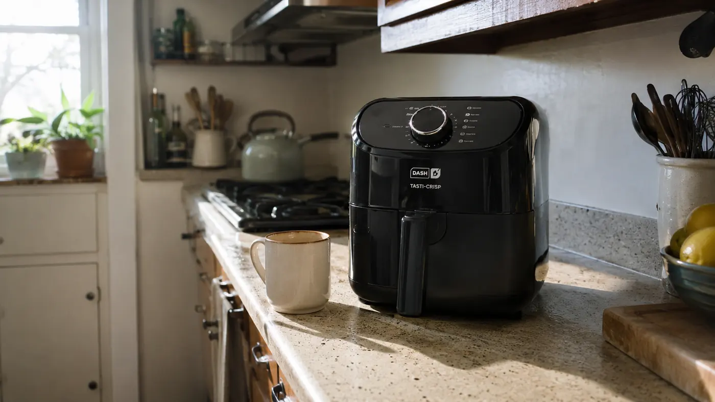 Small aqua-colored air fryer sitting on a narrow apartment counter next to a coffee mug for scale