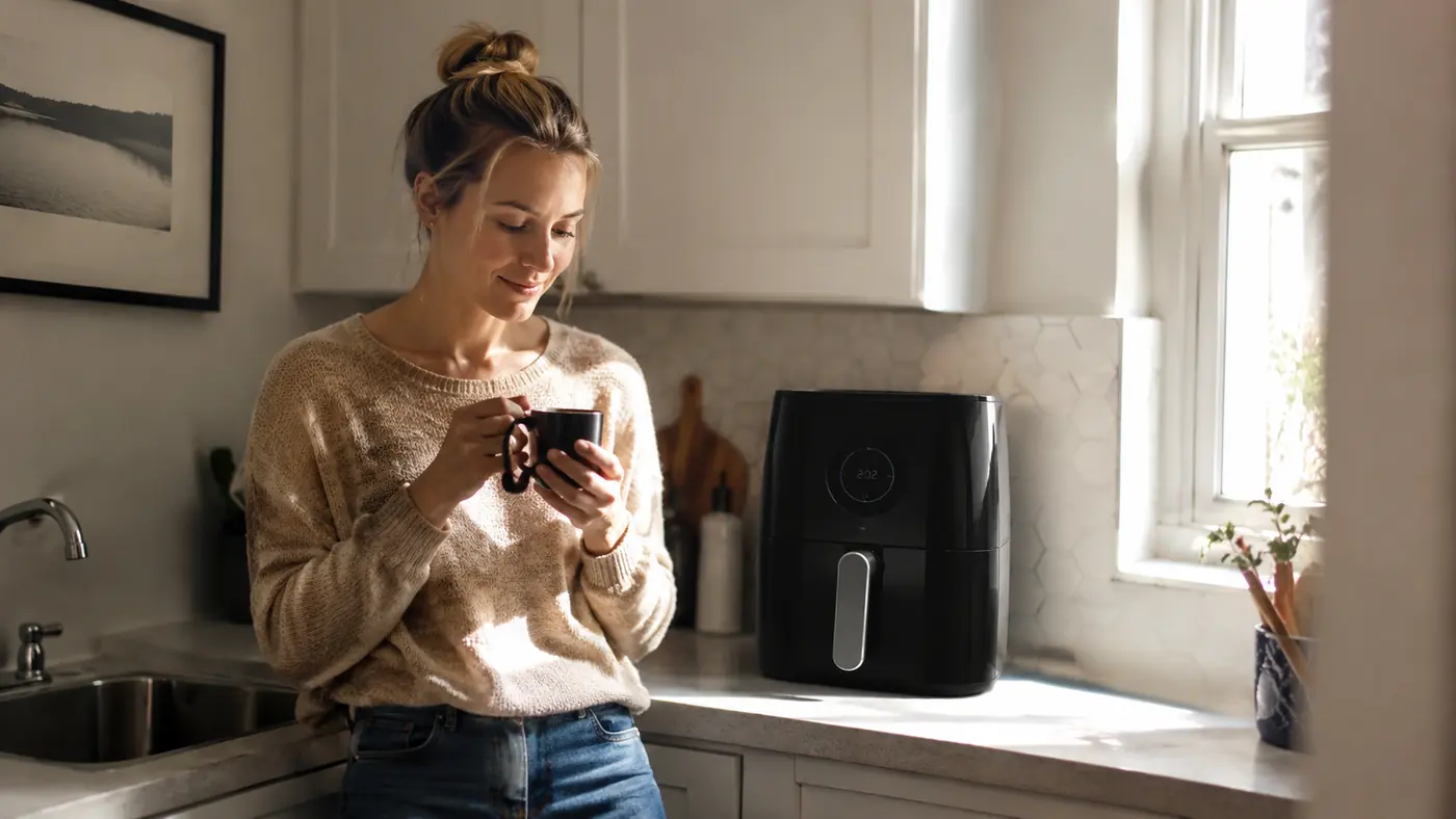 Aqua-colored Dash Tasti-Crisp air fryer sitting on a narrow apartment kitchen counter next to a coffee mug