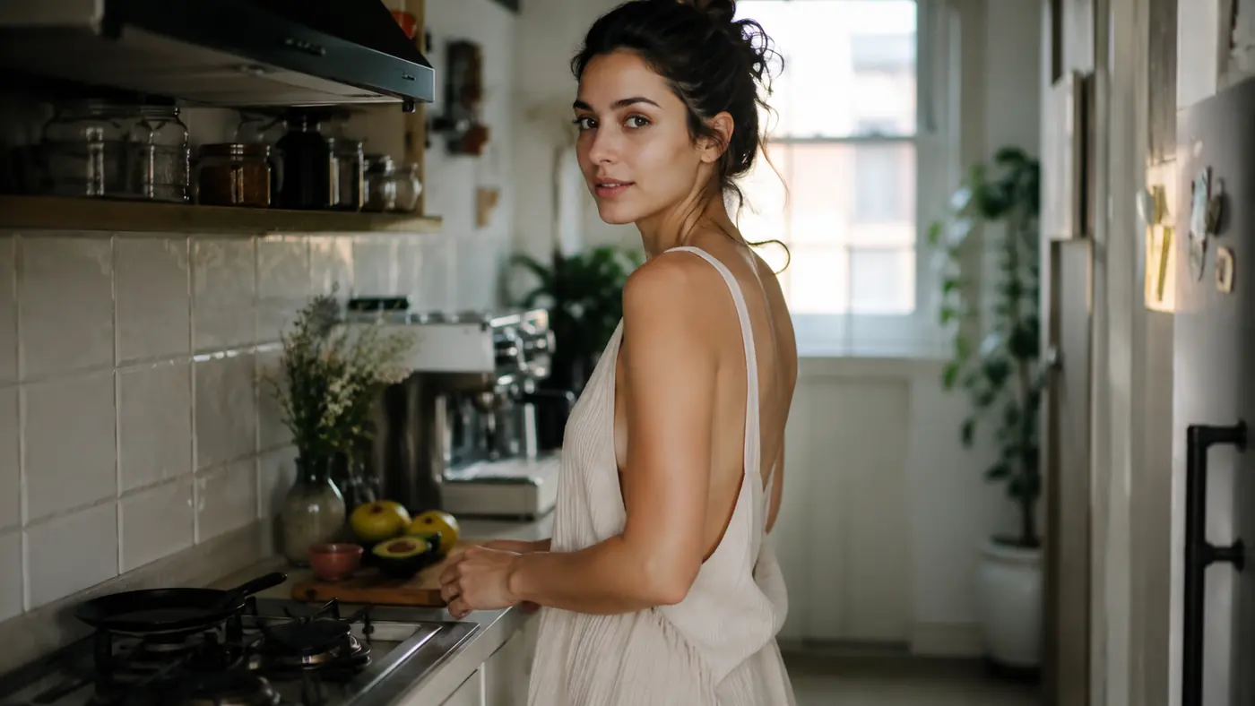 A narrow galley apartment kitchen counter with about three feet of usable space, soft morning light coming through a small window