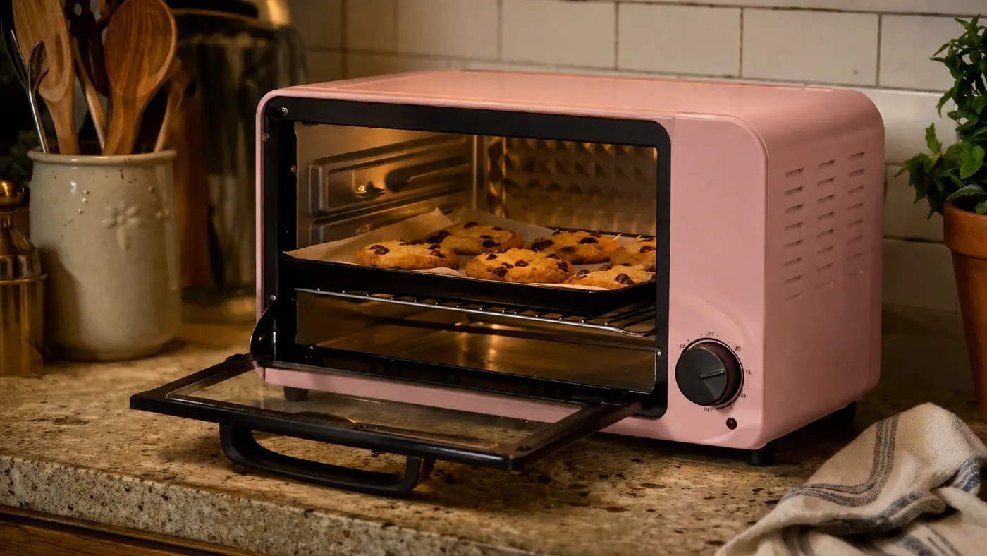 Close-up of a tray of cookies coming out of the Dash Mini Toaster Oven for a work potluck