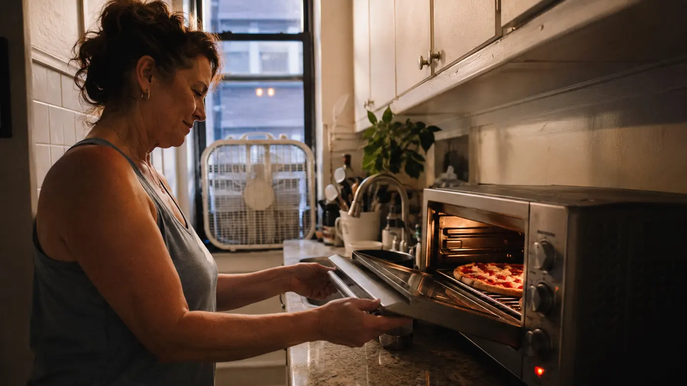 Small black Dash Mini Toaster Oven on a narrow apartment counter with a box fan visible in the background on a warm evening