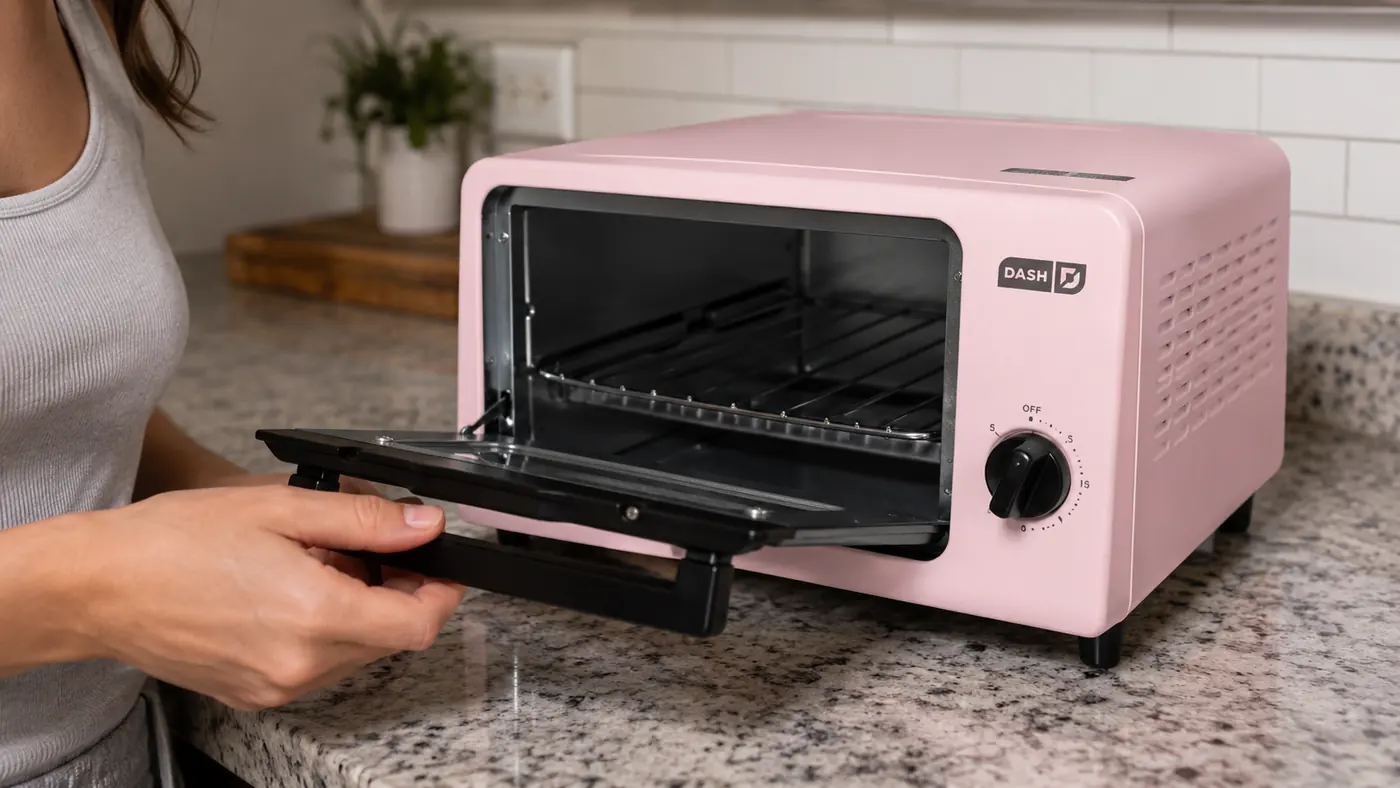 Hand opening the door of the Dash Mini Toaster Oven to show the actual usable rack space inside