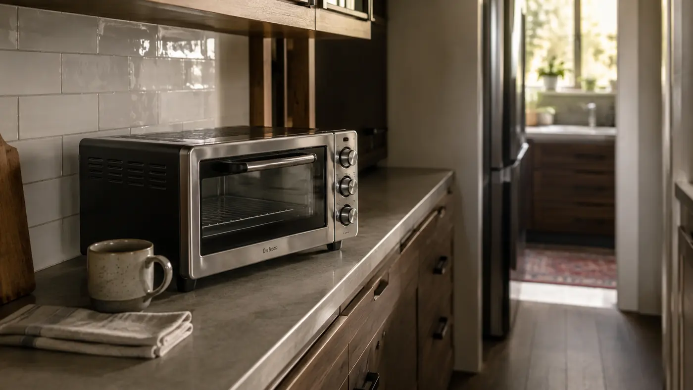Small white Dash Mini Toaster Oven sitting on a narrow apartment counter beside a stack of plates