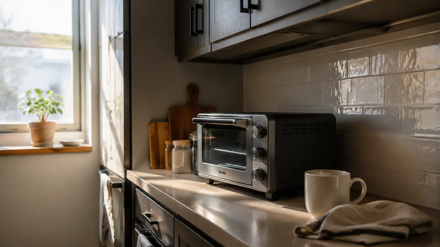 Small black Dash Mini Toaster Oven sitting on a narrow apartment counter next to a stack of plates