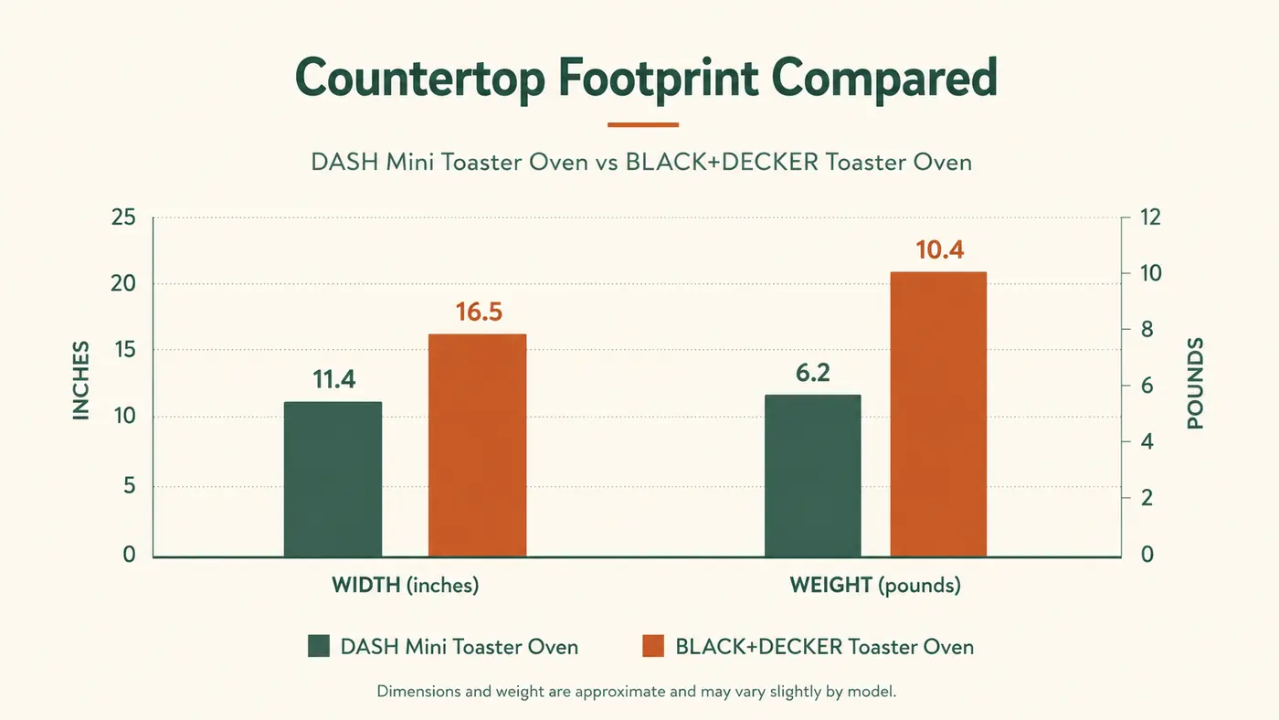 Simple bar chart comparing countertop footprint and weight between the DASH Mini Toaster Oven and a BLACK+DECKER toaster oven