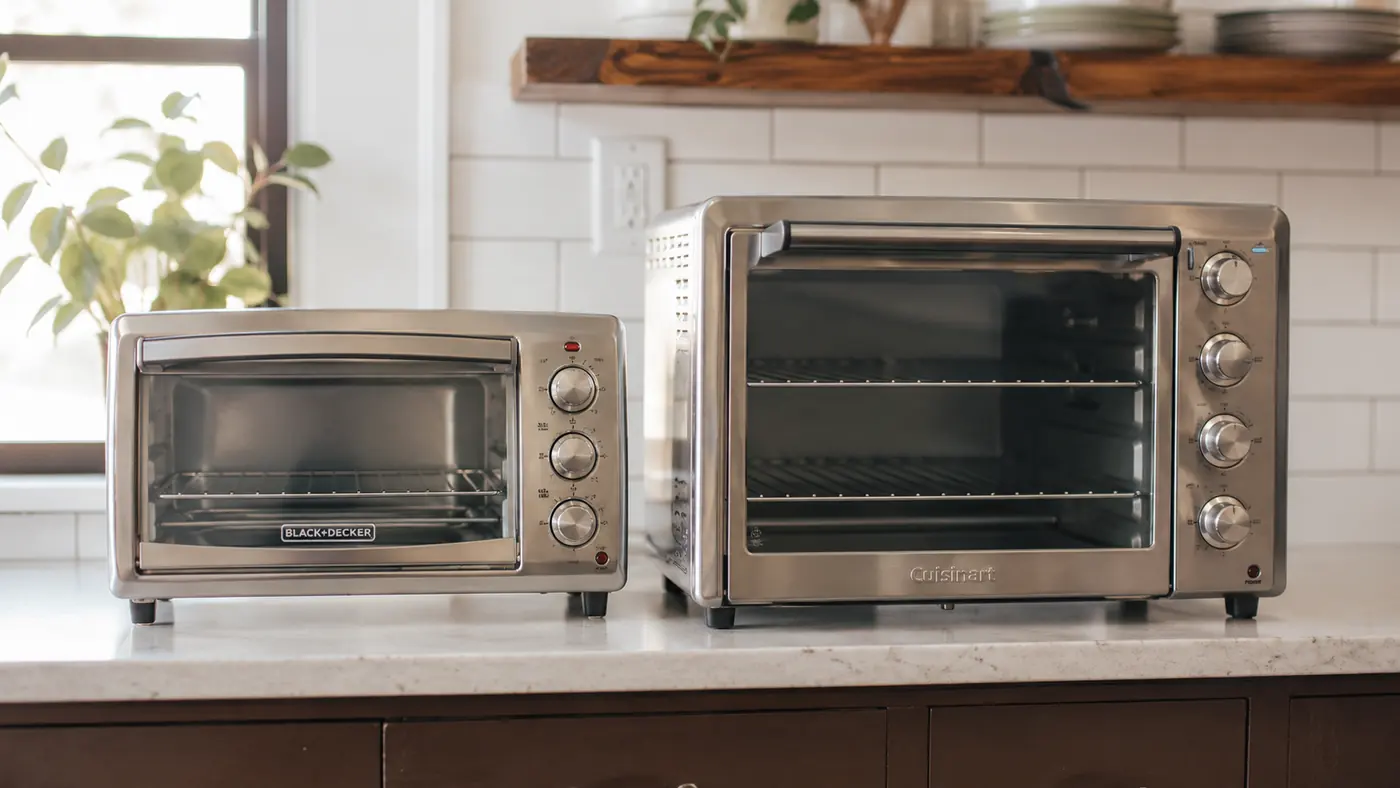 Two toaster ovens of different sizes placed side by side on a countertop to compare footprint