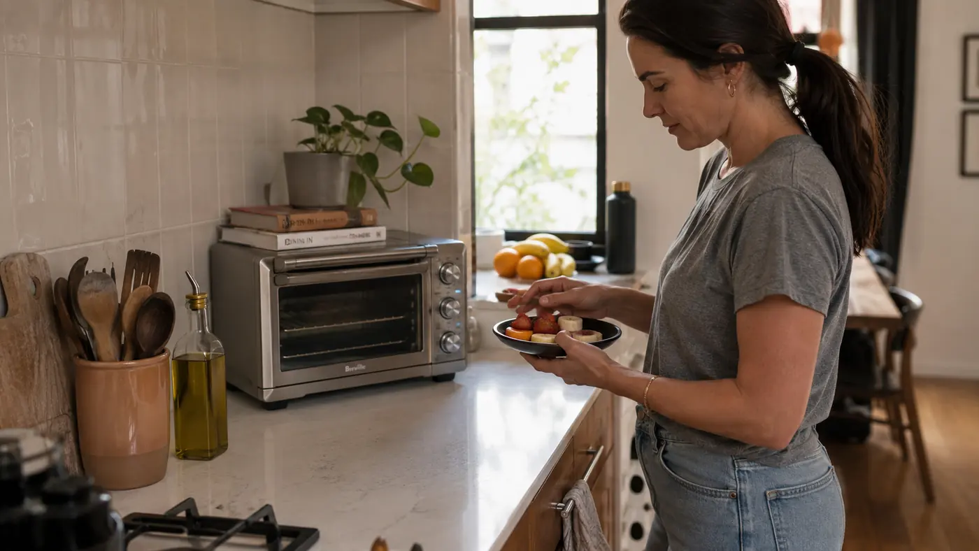 Small white DASH toaster oven sitting on a narrow apartment counter next to a stack of plates