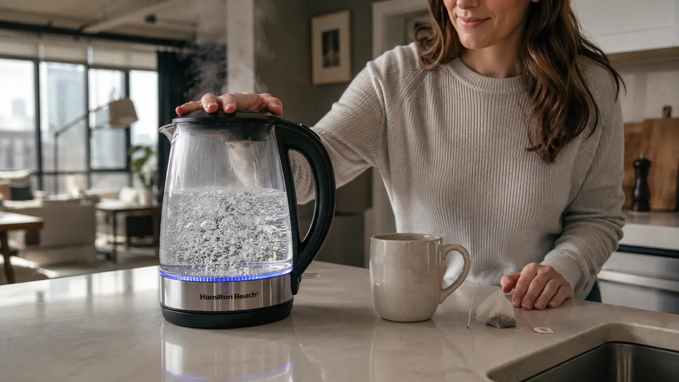 Close-up of steam rising from the Hamilton Beach electric kettle mid-boil next to a waiting mug