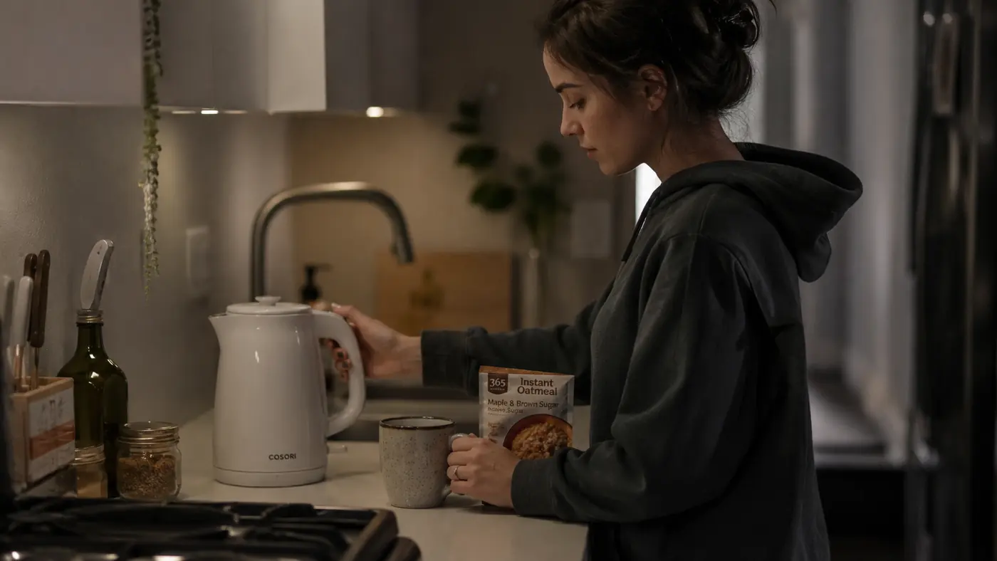 White Hamilton Beach electric kettle sitting on a narrow apartment counter in early morning light
