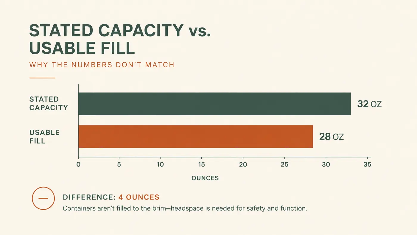Simple bar chart comparing the stated 1 liter capacity of the kettle against the realistic usable fill before boil-over risk