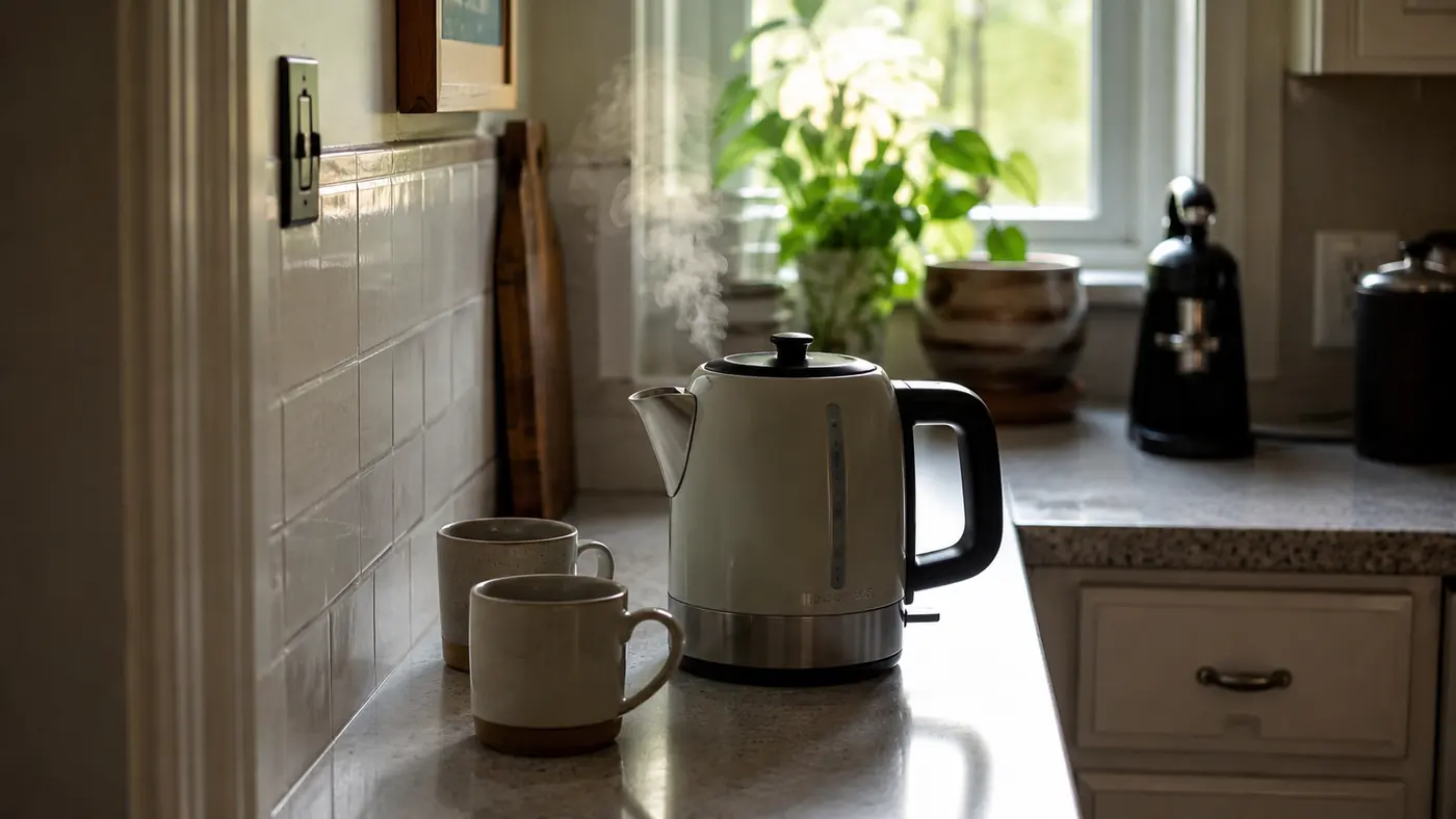 Hamilton Beach electric kettle sitting on a narrow apartment counter next to two mugs, steam curling from the spout