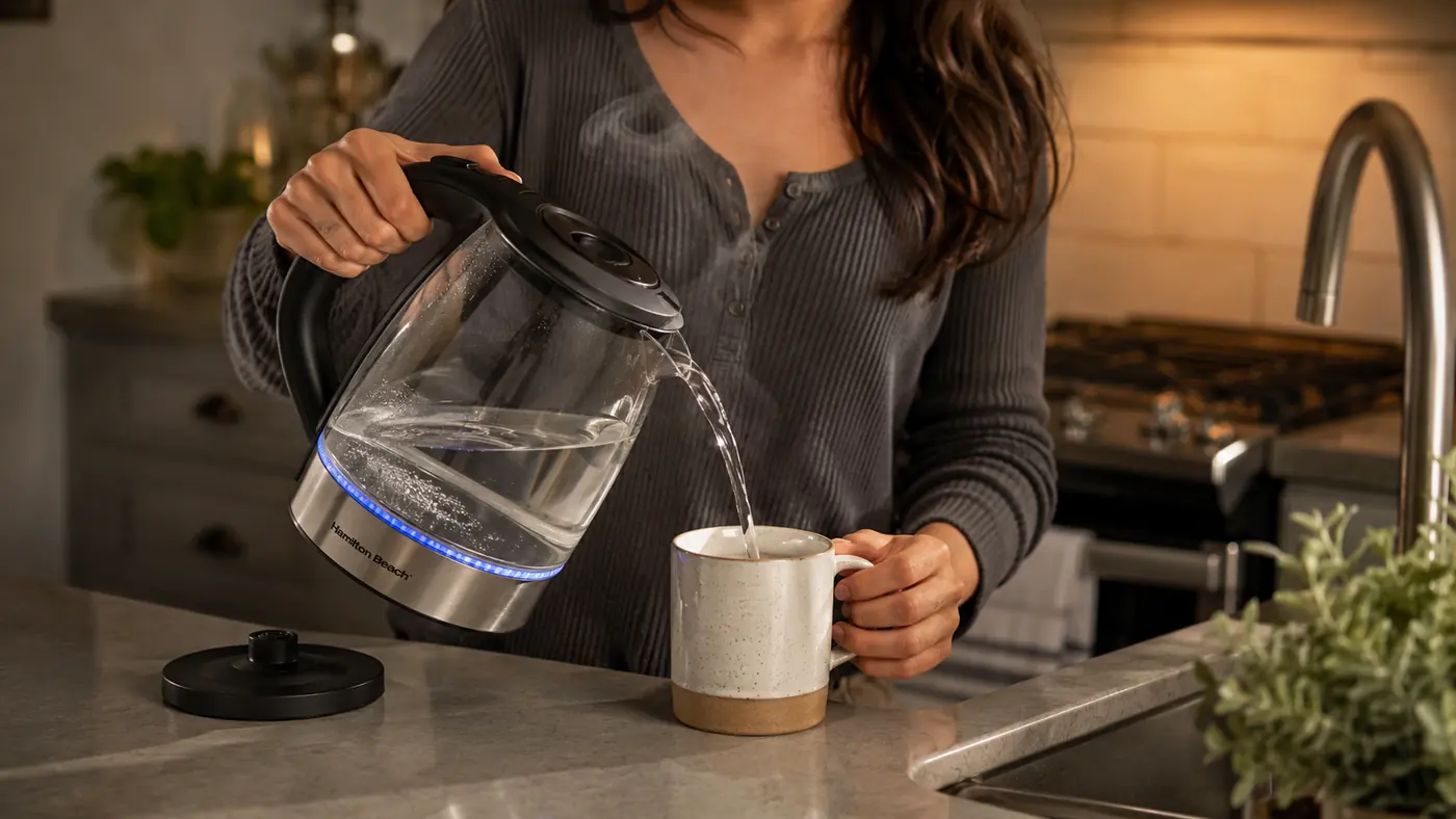 Hand lifting the Hamilton Beach electric kettle off its base to pour hot water into a mug