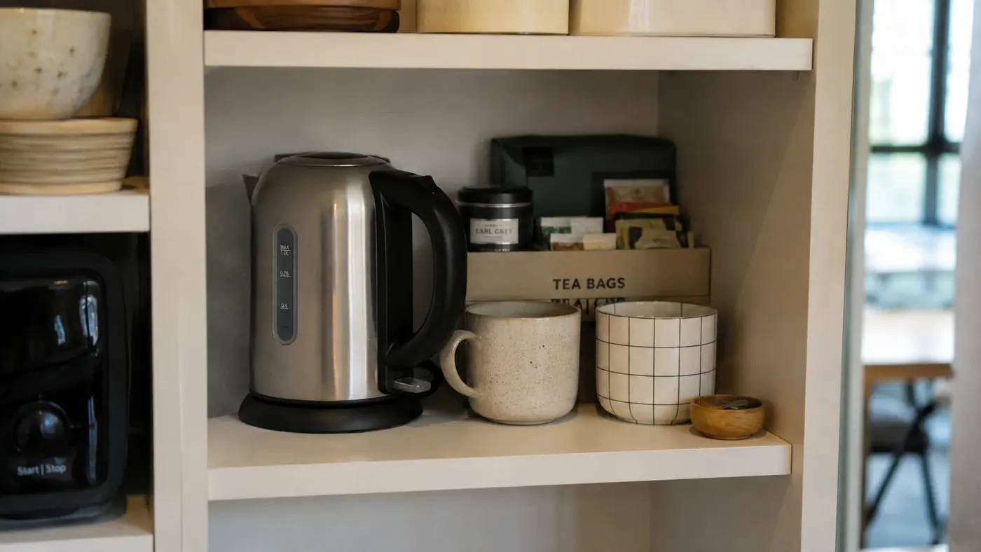 Hamilton Beach electric kettle stored on a small shelf above a narrow kitchen counter between uses