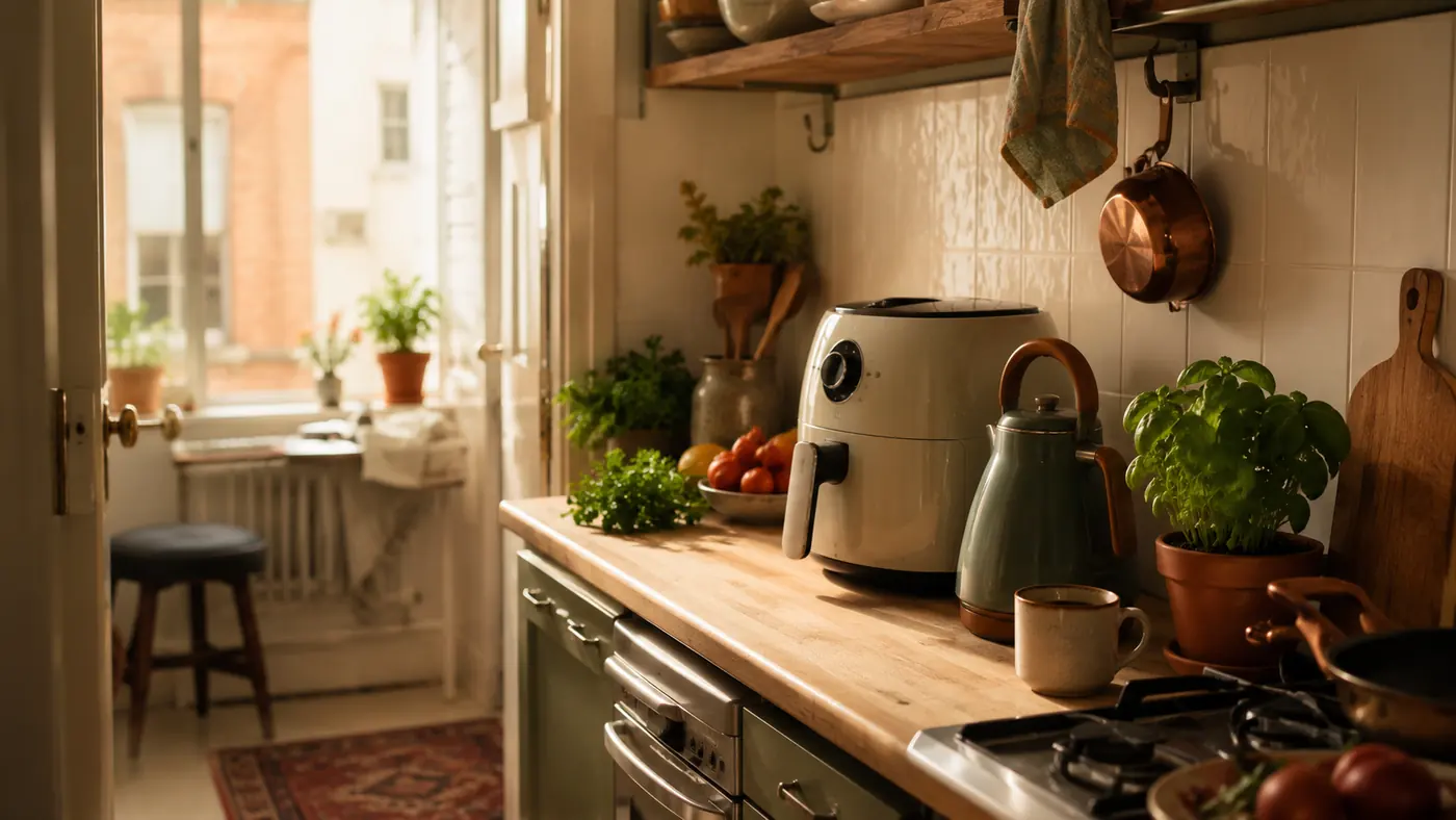 A bright, tidy home kitchen counter with a wooden cutting board, fresh vegetables, and compact countertop appliances