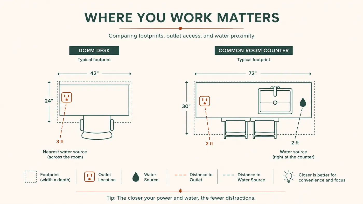 Simple diagram showing where a compact coffee maker fits on a narrow dorm desk versus a shared common room counter