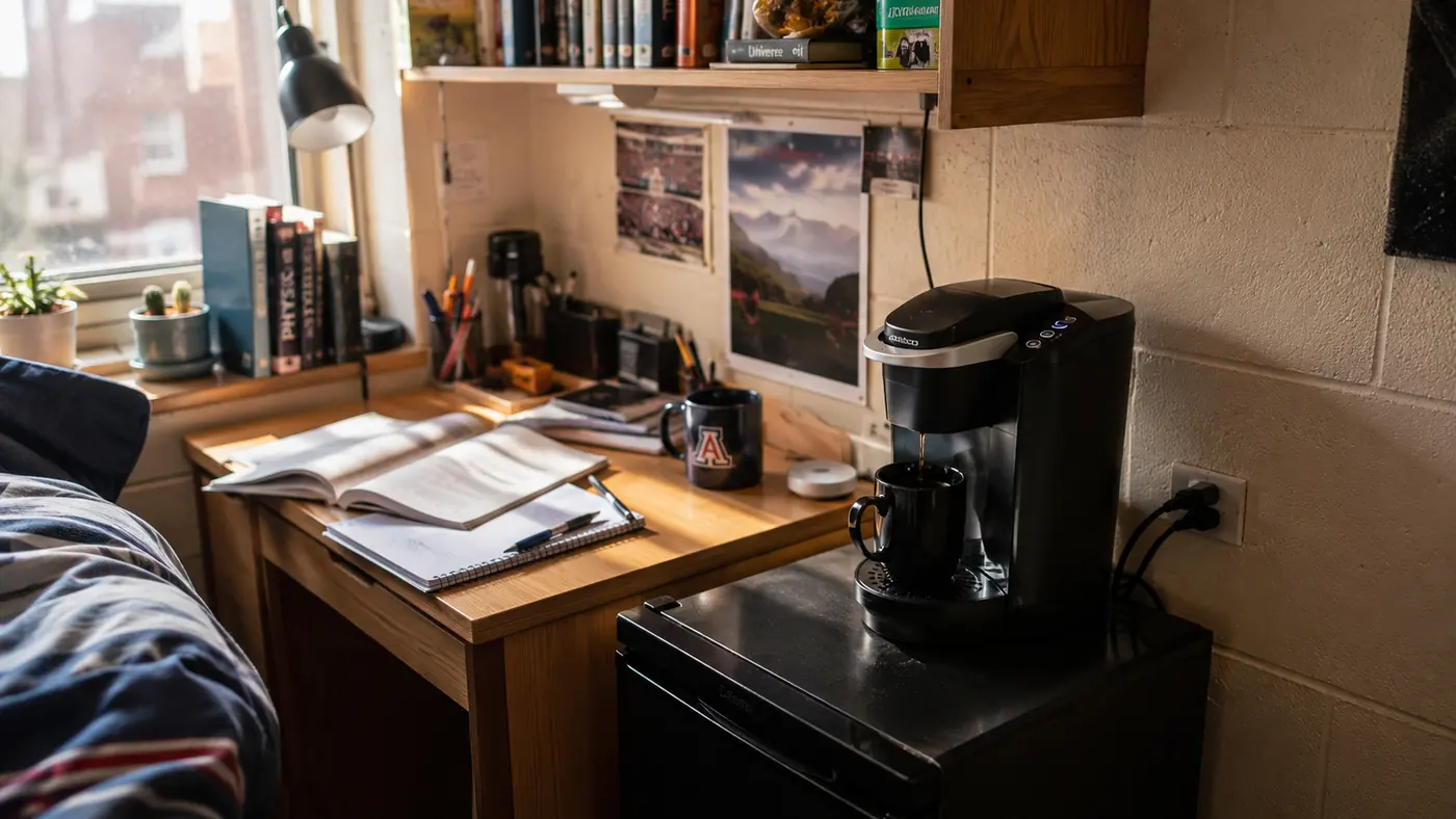Small black Keurig K-Mini Mate coffee maker sitting on a dorm room desk next to a stack of textbooks