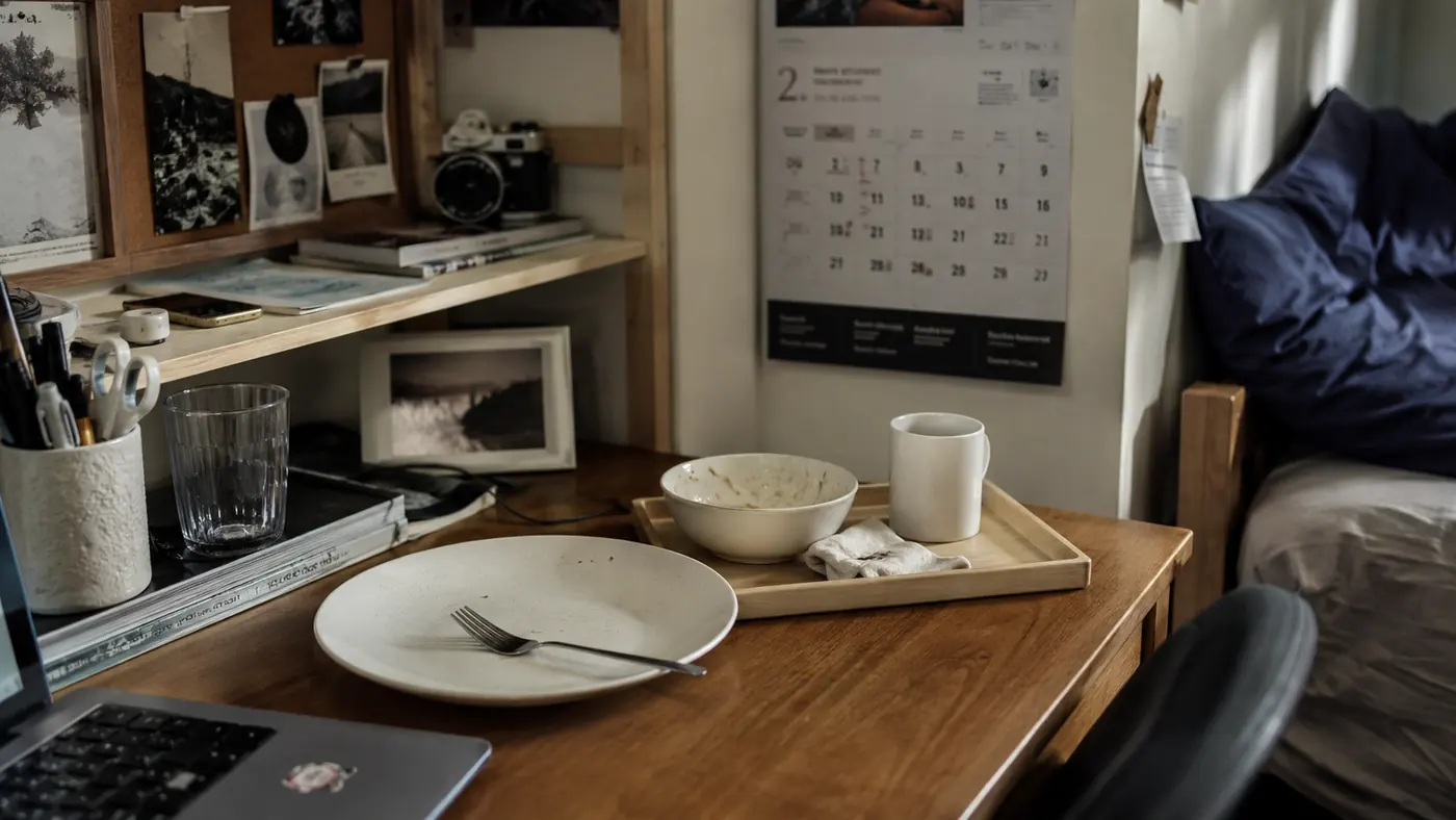 Small toaster oven tray of food cooling on a dorm desk next to a plate and fork, ready to eat