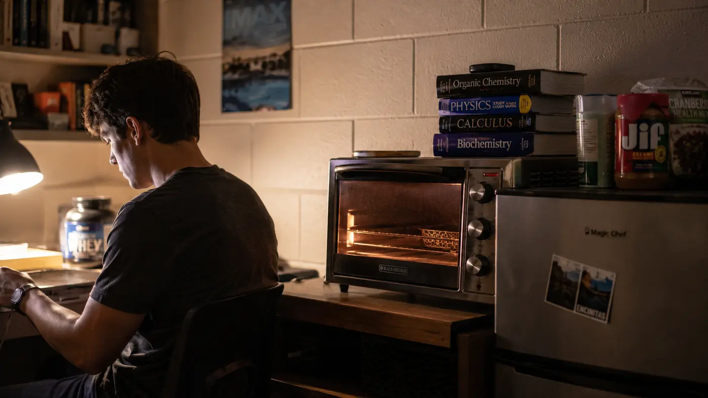Small white toaster oven sitting on a dorm room desk shelf next to stacked textbooks and a mini fridge