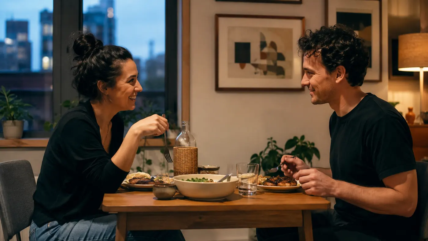 Small apartment dinner table set for two with a plate of air-fried food and a glass of water