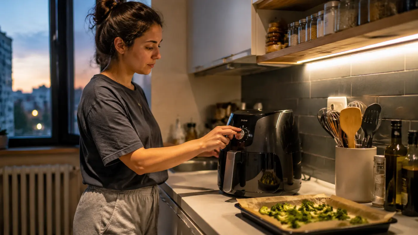 Aqua Dash Air Fryer on a narrow apartment counter with a timer set, ready to start a fast weeknight meal