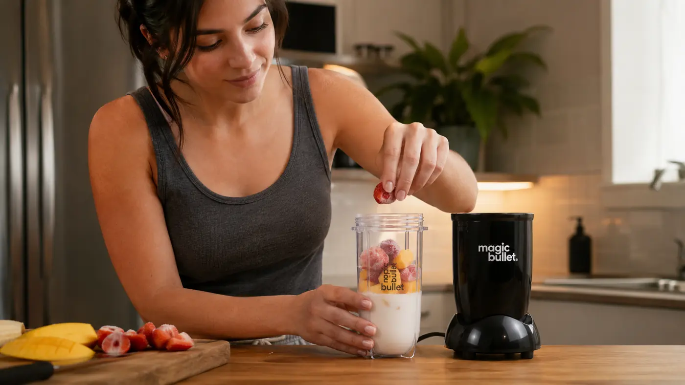 Hand layering frozen banana slices and spinach into the Magic Bullet cup before adding liquid
