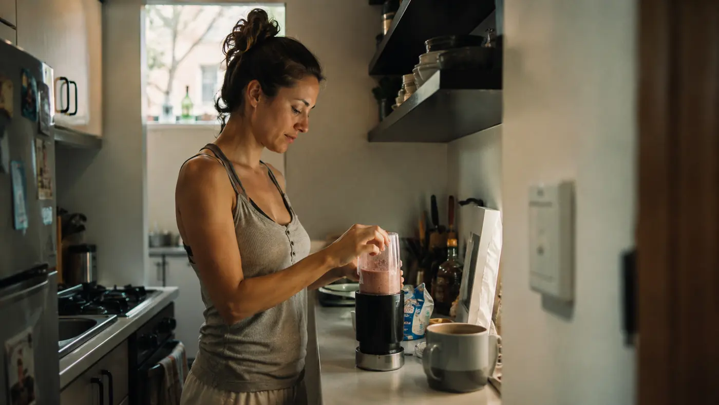 Small silver Magic Bullet blender cup filled with a fruit smoothie sitting on a narrow apartment counter