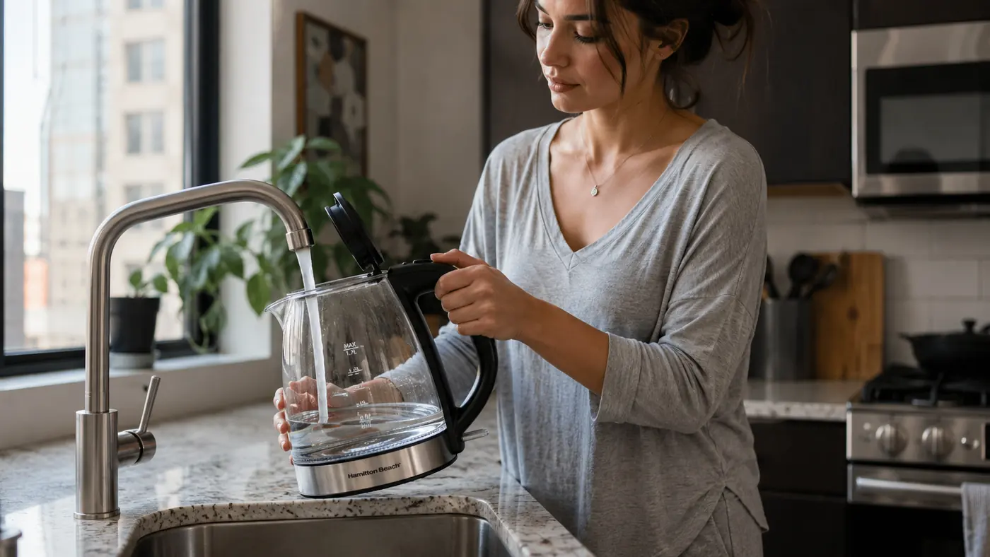 Hand filling the Hamilton Beach Electric Kettle to the one-mug fill line at the kitchen sink