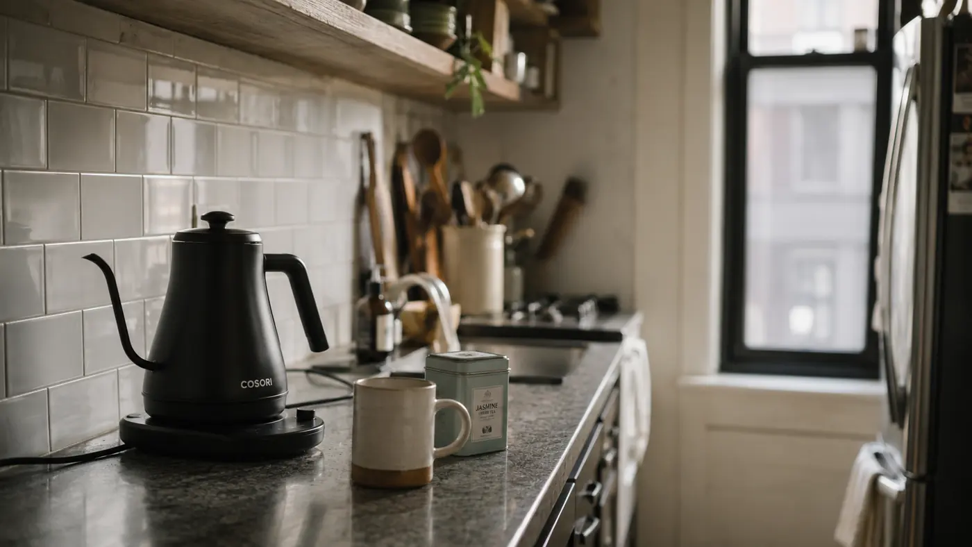 Hamilton Beach Electric Kettle sitting on a narrow apartment counter next to a mug and a small tin of loose tea