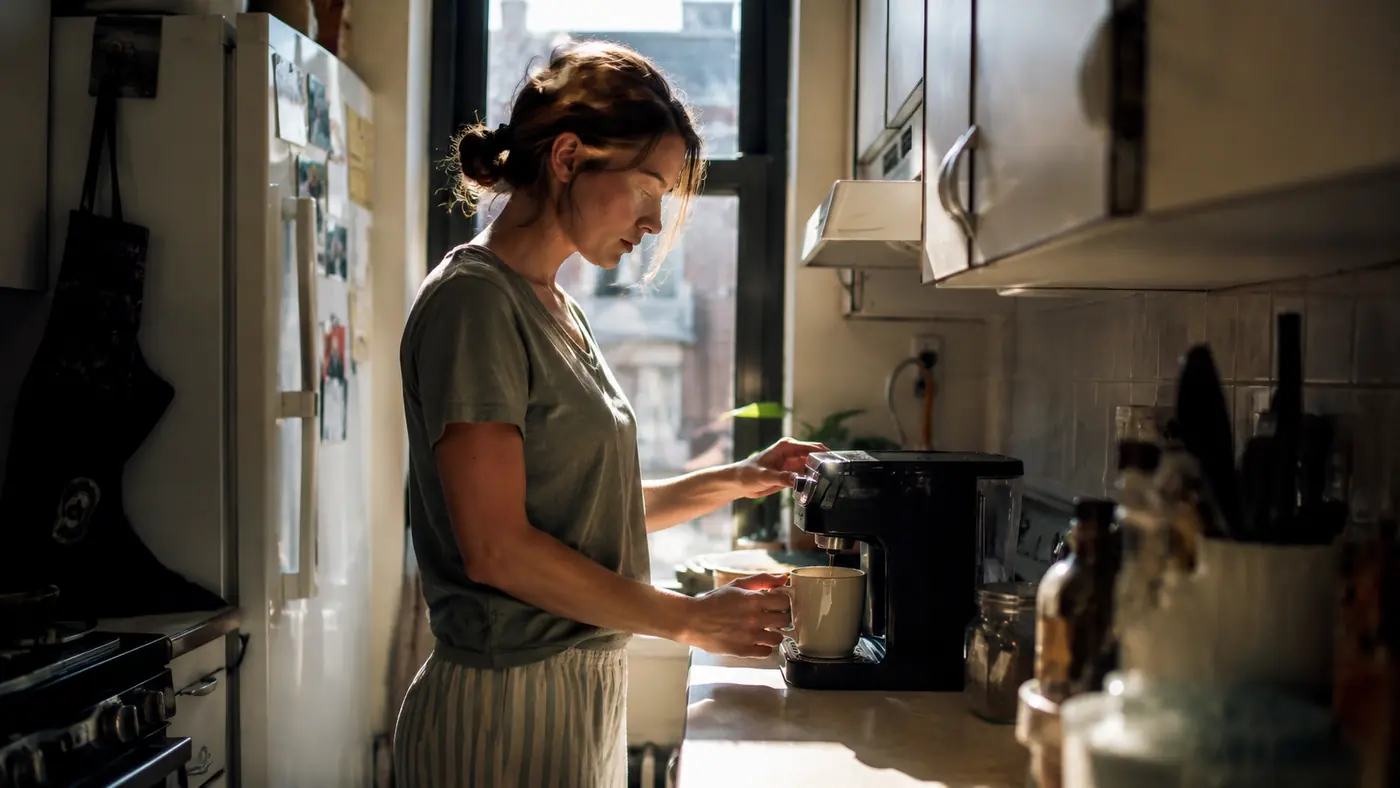 White Keurig K-Mini Mate coffee maker tucked into a narrow apartment counter corner in early morning light
