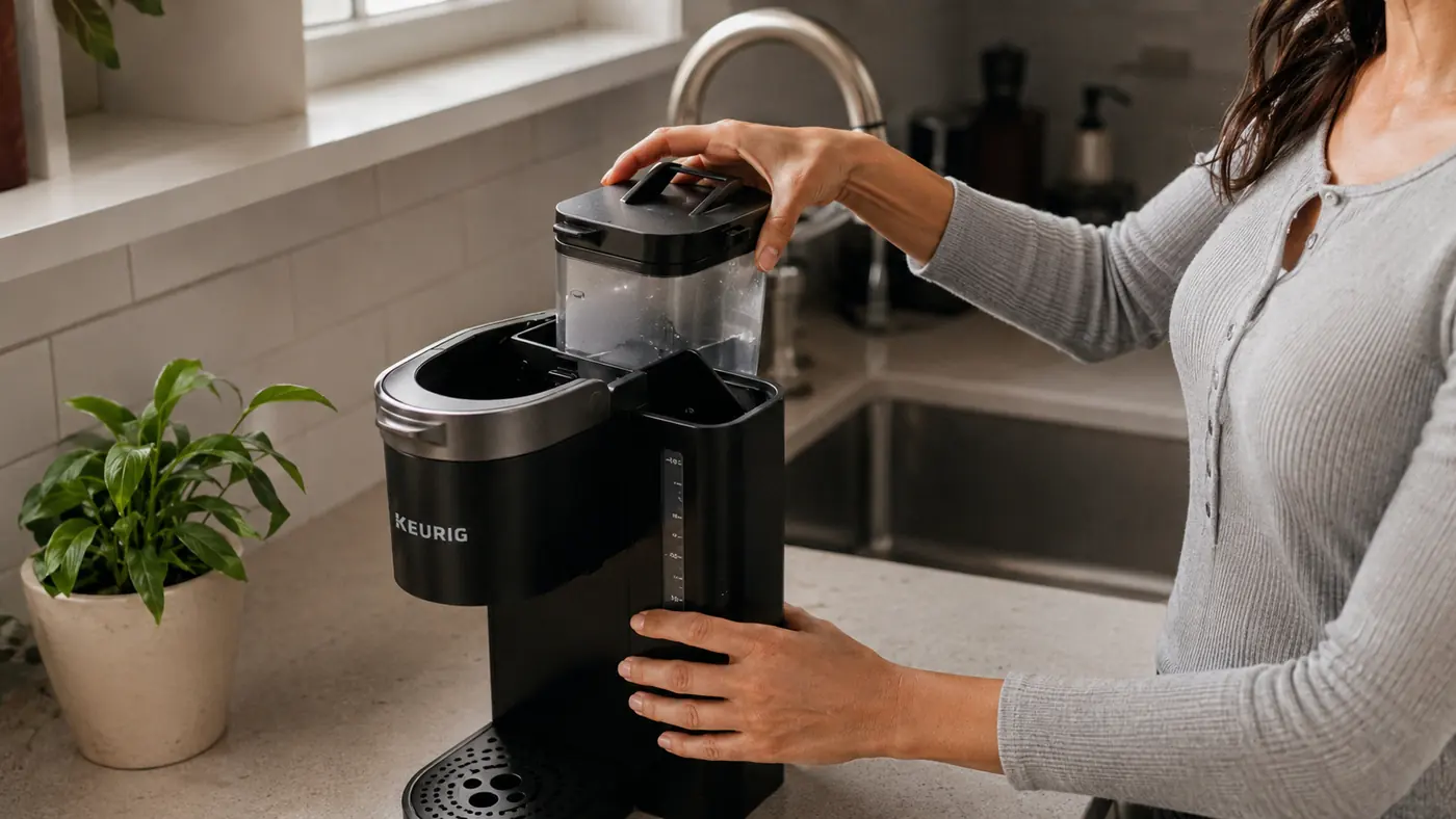 Hand lifting the water reservoir mug off the top of the Keurig K-Mini Mate to refill it at the sink