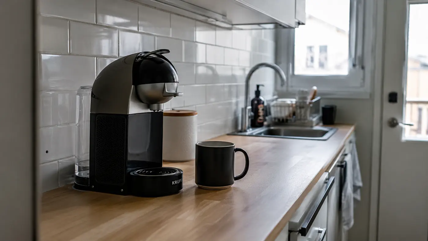 White Keurig K-Mini Mate coffee maker sitting on a narrow apartment counter beside a single mug