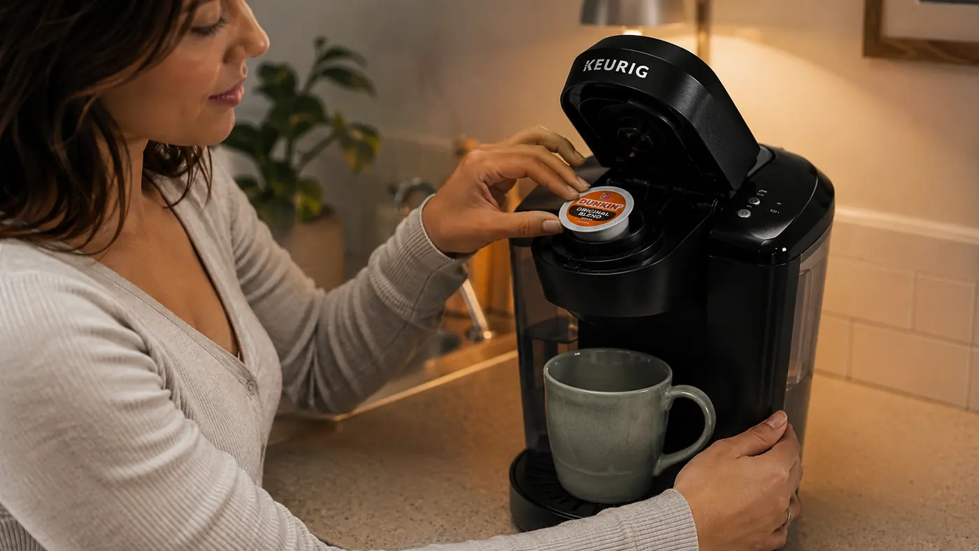 Hand lifting the lid of the Keurig K-Mini Mate to drop in a K-Cup pod before brewing