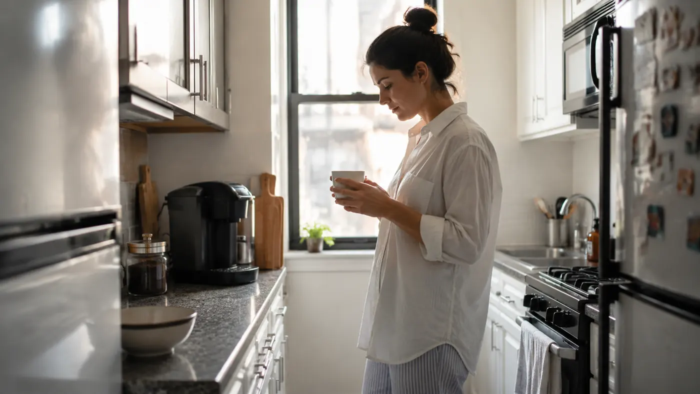Black Keurig K-Mini Mate coffee maker sitting on a narrow apartment kitchen counter next to a small stack of K-Cup pods