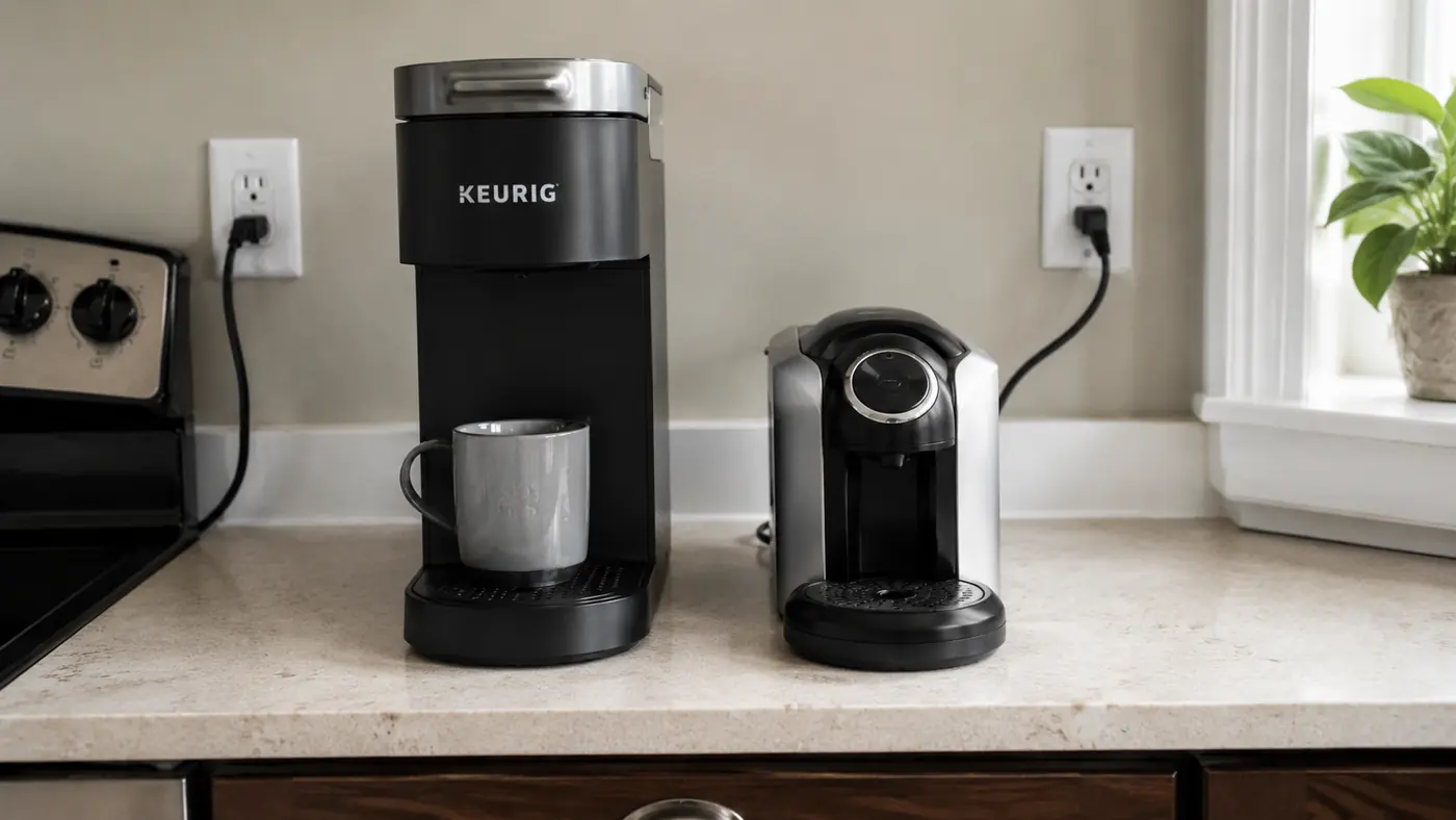 Two coffee makers of very different sizes set side by side on a small apartment kitchen counter for comparison