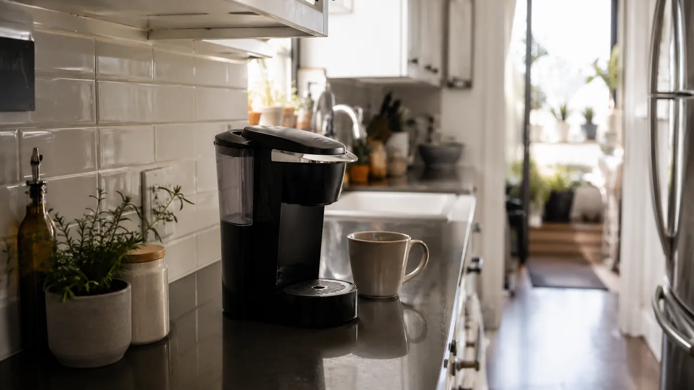 Compact black Keurig K-Mini Mate coffee maker sitting on a narrow apartment kitchen counter beside a single mug