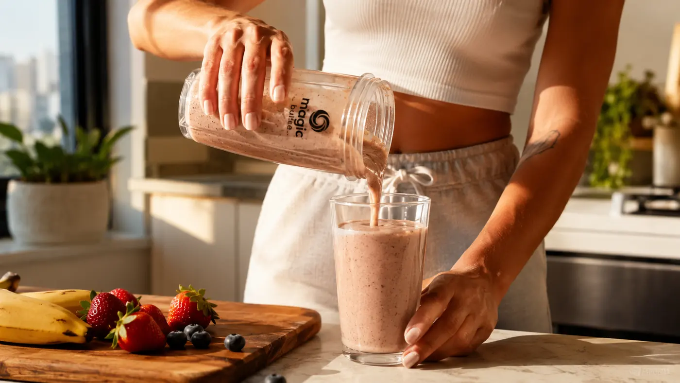 Close-up of a strawberry banana smoothie being poured straight from the Magic Bullet cup into a glass