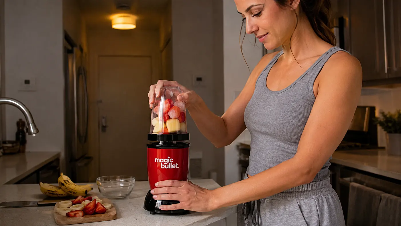 Hand twisting the tall cup with cross blade attachment onto the Magic Bullet power base before blending a smoothie