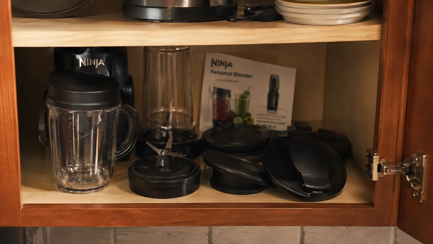 Magic Bullet accessories, including the rarely used party mug and recipe book, tucked in the back of a kitchen cabinet