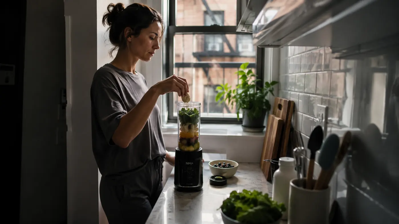Magic Bullet blender power base and tall cup sitting on a narrow apartment counter next to a bowl of frozen fruit