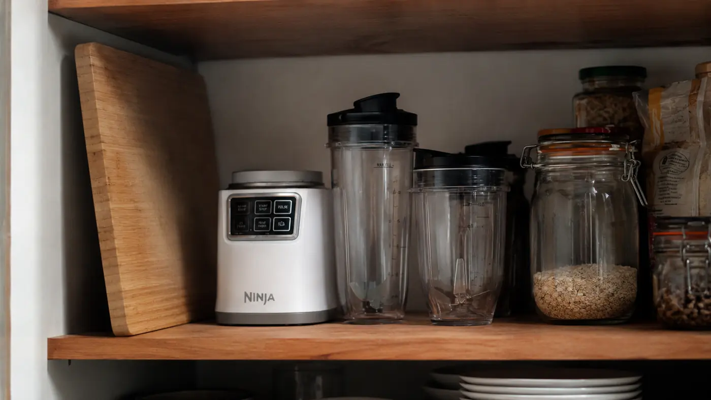 Magic Bullet Blender stored on a small shelf above a narrow kitchen counter between uses