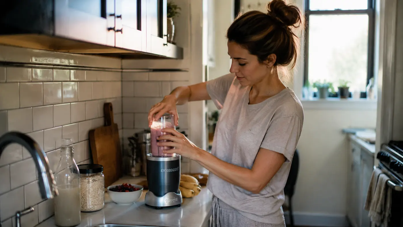 Silver Magic Bullet Blender sitting on a narrow apartment kitchen counter next to a bowl of fruit