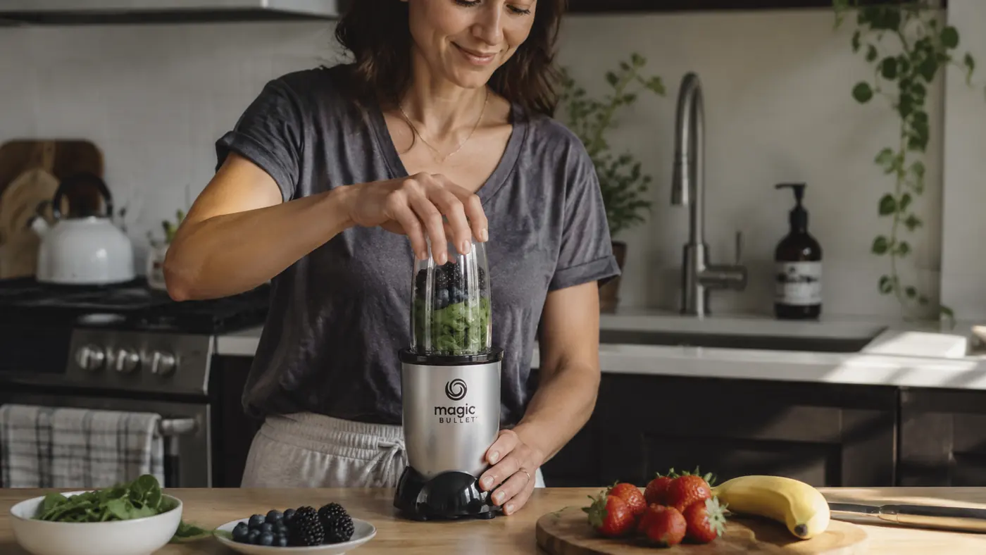 Hand twisting the Magic Bullet's short cup onto its base to start blending a smoothie