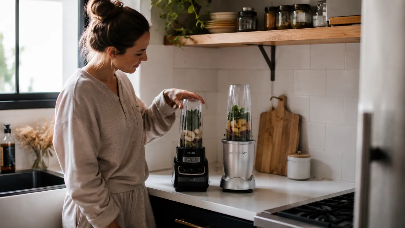 Silver Magic Bullet blender base and short cup sitting on a narrow apartment kitchen counter next to a NutriBullet-style tall cup for size comparison